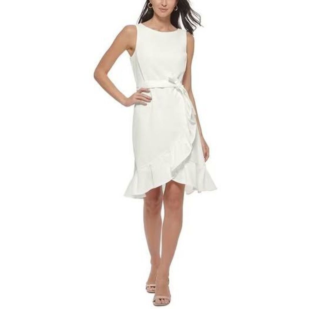 Calvin Klein White Ruffle Wrap Front Sheath Dress